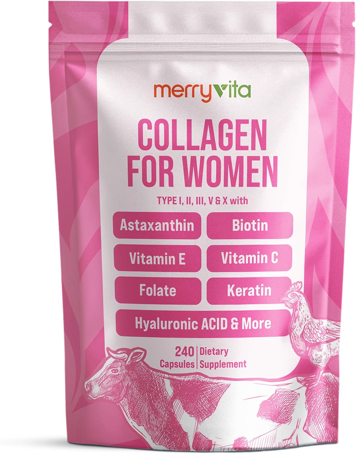 Collagen for Women – Hydrolyzed Multi Collagen Peptides Types I, II, III, V & X – Collagen Supplement with Vitamin C, Biotin & Hyaluronic Acid – Grass Fed, Non-GMO, 240 Capsules