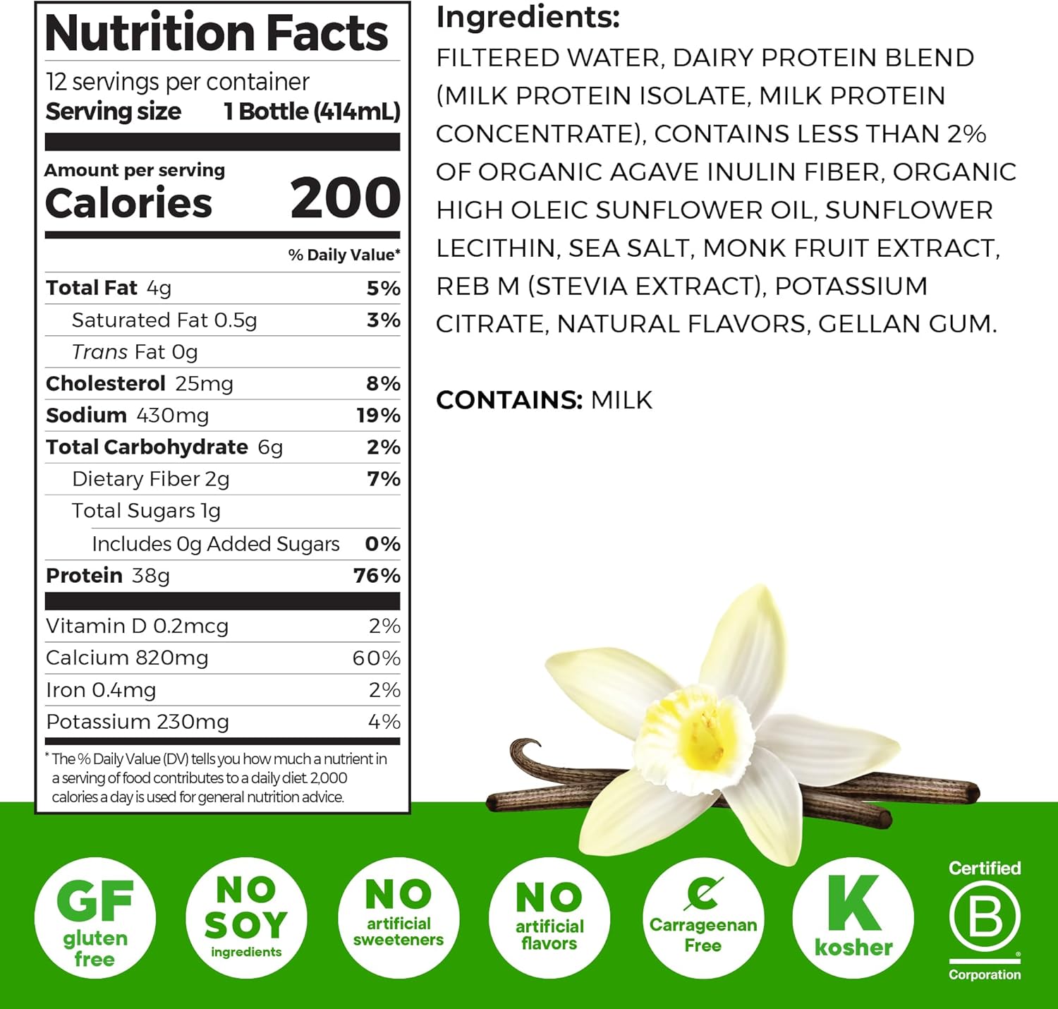 Orgain 38g High Protein Shake, Dairy Isolate Protein Milk, Vanilla, 6g BCAAs, 1g Sugar Per Serving, Meal Replacement, Ready to Drink, Keto Friendly, Gluten-Free 14 Fl Oz (Pack of 12)