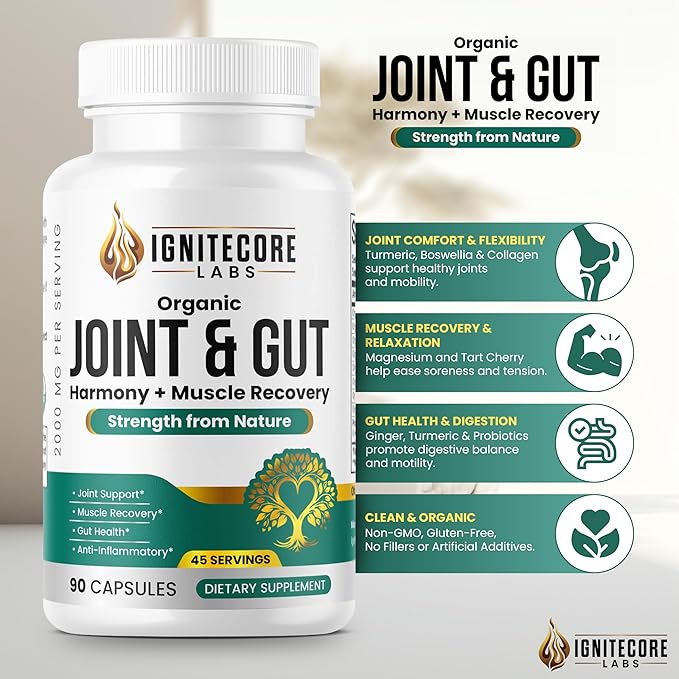 Organic Joint & Gut Harmony – Turmeric, Ginger, Collagen, Magnesium & Probiotics Blend – Plant-Based Daily Supplement – 90 Vegetable Capsules Made for General Well-Being and Everyday Support