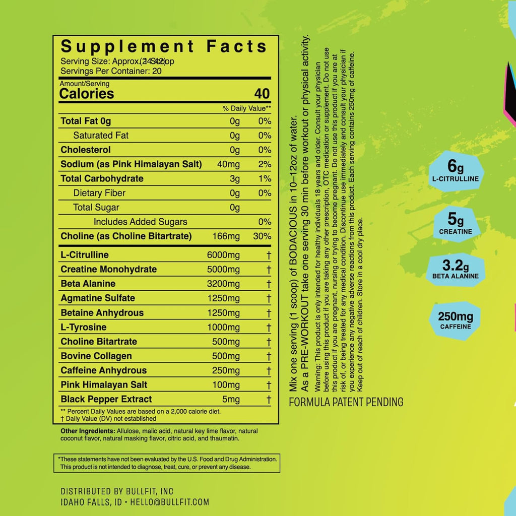 BULLFIT Pre Workout Powder, Support for Men & Women, L Citrulline, Creatine, Beta Alanine & Electrolytes, Powdered Drink Mix with No Sucralose & Zero Sugar, 20 Srvgs (20 SRV, Coconut Lime)