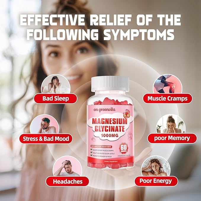 Magnesium Glycinate Gummies 1000mg - Sugar Free Magnesium Potassium Supplement with Vitamin D, B6, CoQ10 for Calm Mood & Sleep Support - 60 Strawberry Gummies