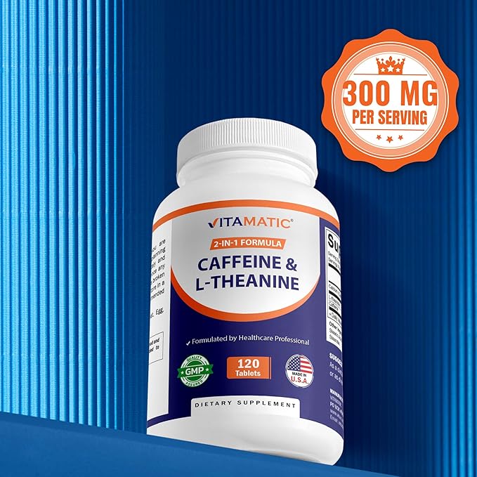 Vitamatic Caffeine Pills with L-Theanine – 300 mg Per Tablet – 120 Vegetarian Tablets (Pack of 2, Total 240 Tablets)