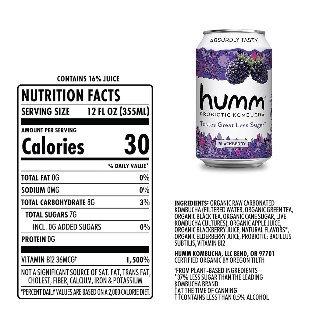 Humm Kombucha Blackberry, Organic, Vegan & GMO Free (24 Pack)
