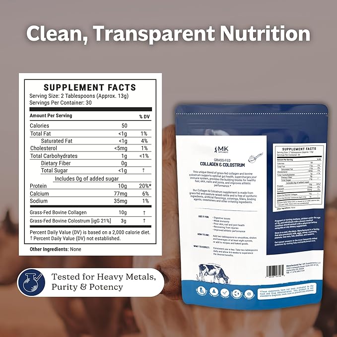 MK Supplements Collagen & Colostrum – Grass-Fed Bovine Collagen & Bovine Colostrum Powder – Skin, Gut, Joint & Immune Support – Keto, Paleo, Carnivore Friendly – No Additives
