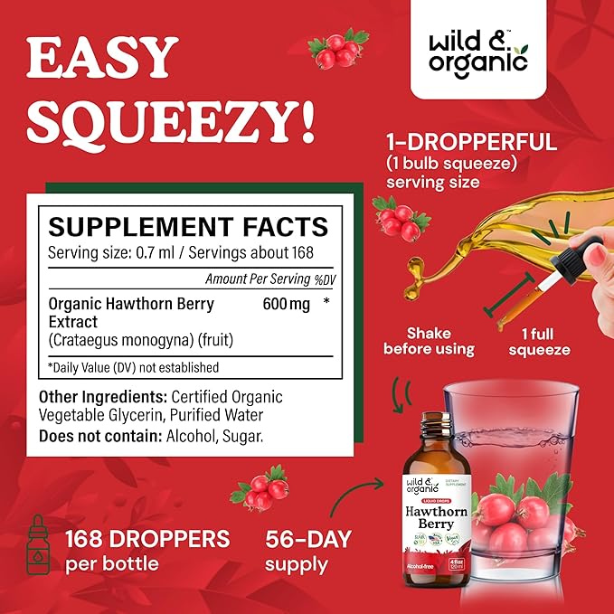 Wild & Organic Hawthorn Berry Tincture 600 mg - Liquid Hawthorne Berry Supplement for Overall Support - Vegan, Sugar & Alcohol-Free Fruit Extract Drops - 4 fl oz