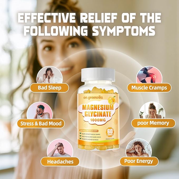 Magnesium Glycinate Gummies 1000mg - Sugar Free Magnesium Potassium Supplement with Vitamin D, B6, CoQ10 for Calm Mood & Sleep Support - 60 Orange Gummies