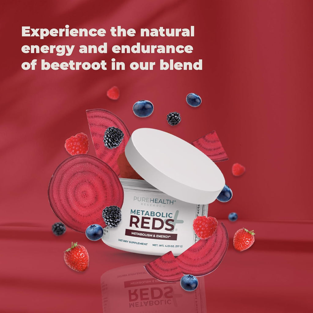 PUREHEALTH RESEARCH Reds Superfoods Powder - Only 10 Calories Fruit and Vegetable Adaptogen Drink with Beetroot, Polyphenols, Probiotic Powder - Antioxidants Supplement for Energy, 30 Servings
