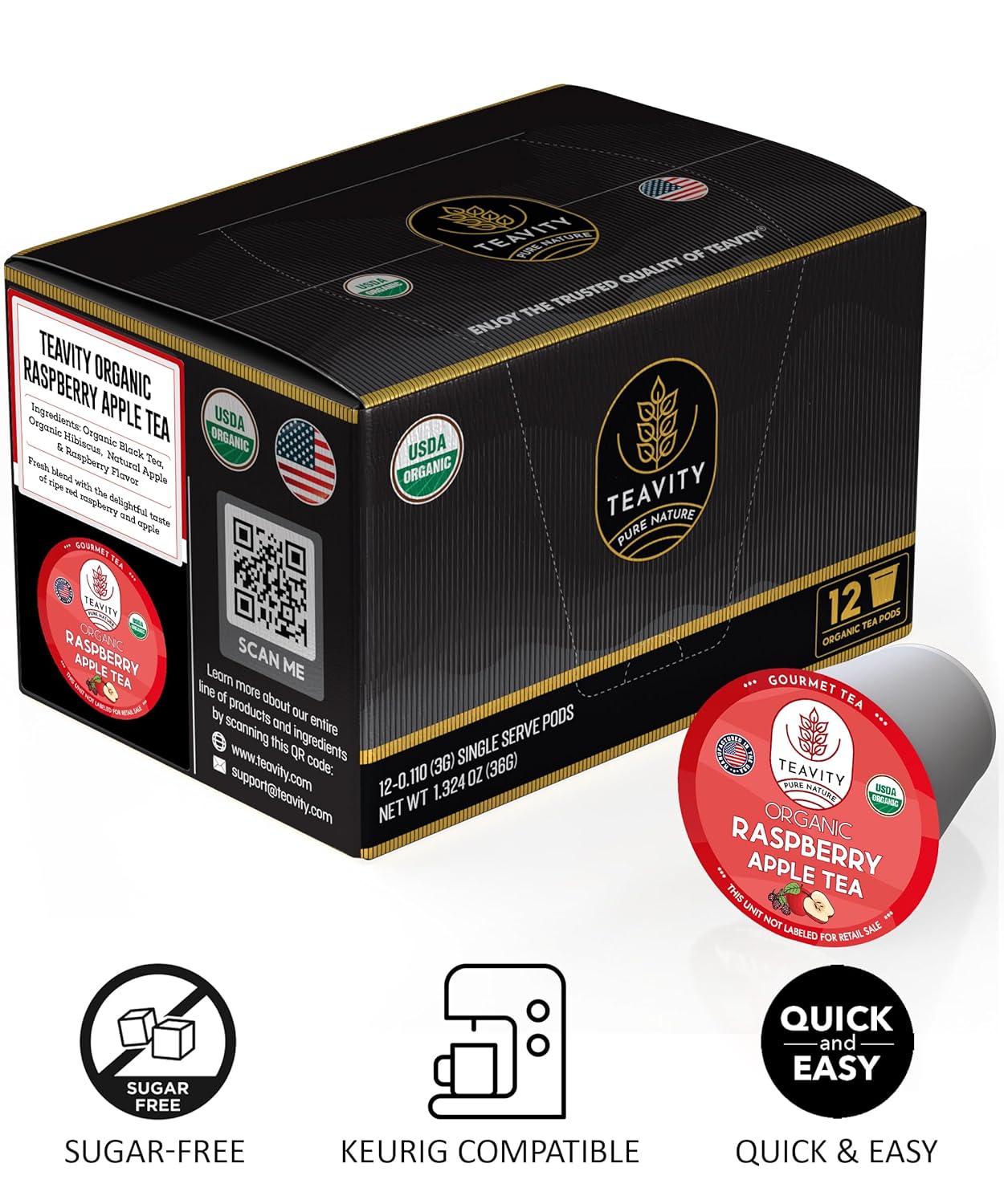 Organic Raspberry Apple Black Tea Pods for Keurig - Naturally Caffeinated Fruit Tea by Teavity (12 Tea Pods)