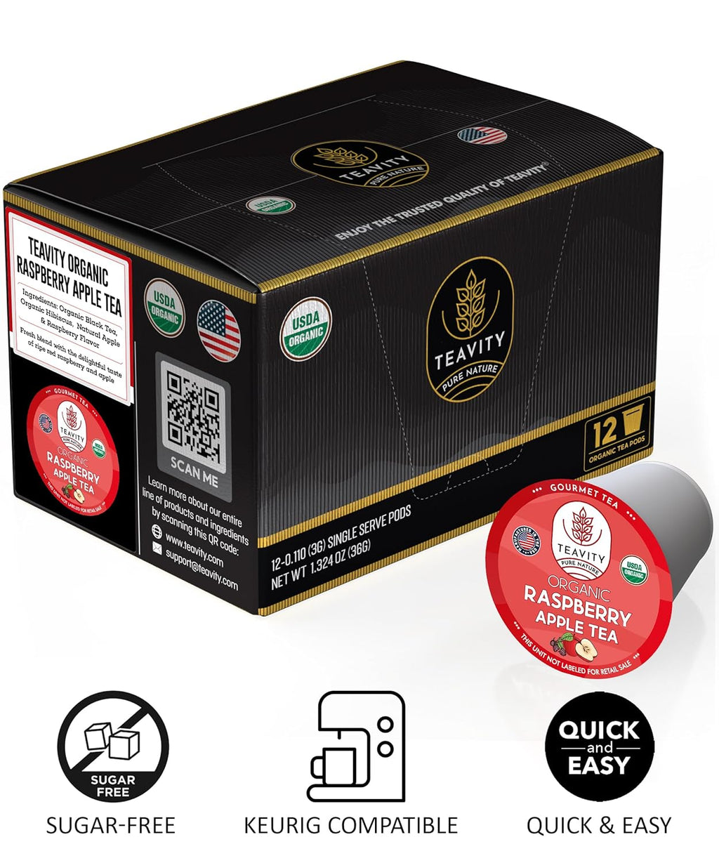 Organic Raspberry Apple Black Tea Pods for Keurig - Naturally Caffeinated Fruit Tea by Teavity (24 Tea Pods)