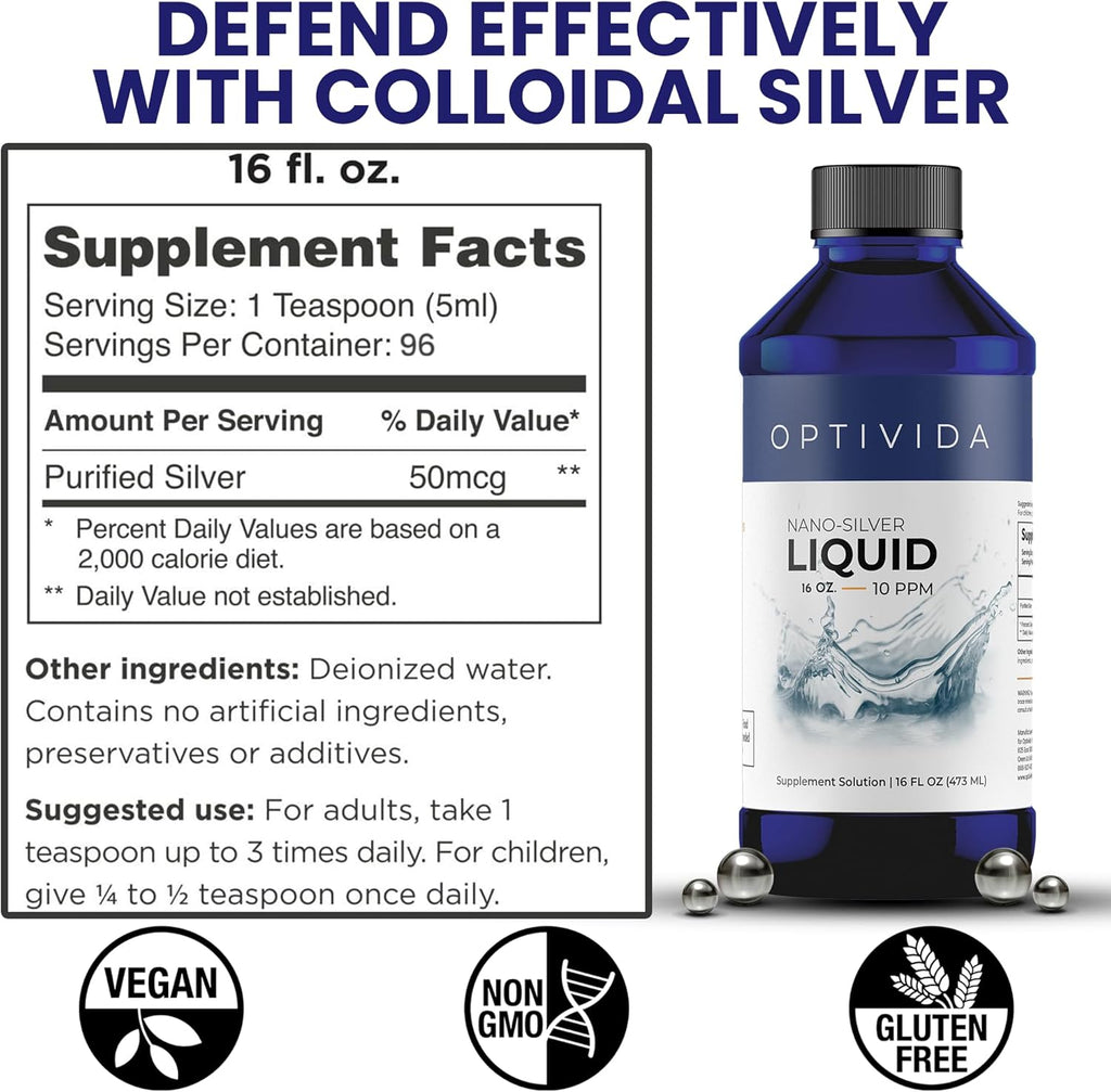 Optivida Health Nano Colloidal Silver Liquid (1 Pack) – Immune Support Supplements with Silver Hydrosol, Liquid for Immune Support, Colloidal Silver for Immune System, Silver Colloidal Liquid (16 oz)