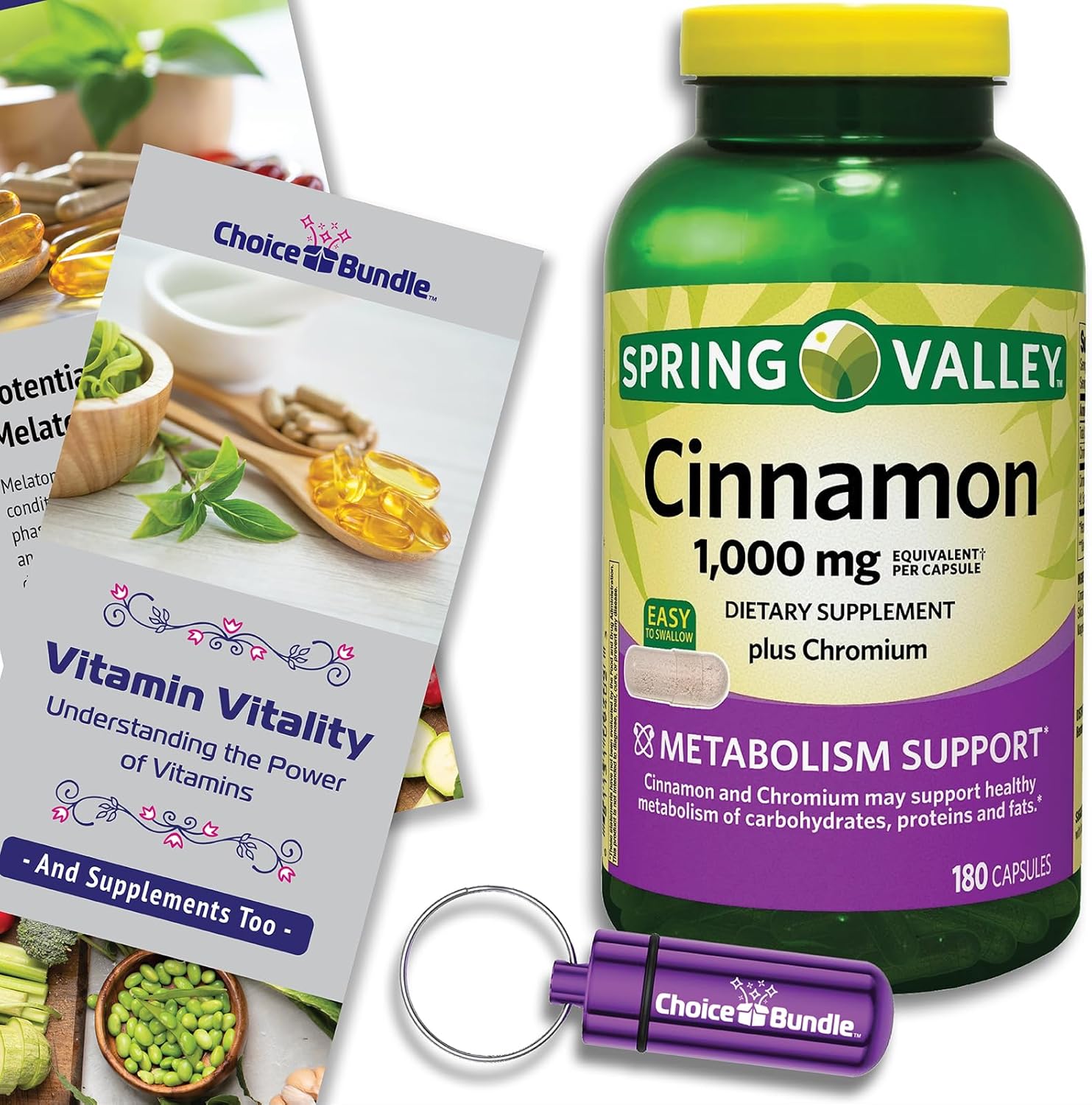 Choice Bundle Spring Valley Cinnamon Plus Chromium Capsules 1000 mg 180 Ct and Vitamin Vitality & Pill Container (3 Items)!