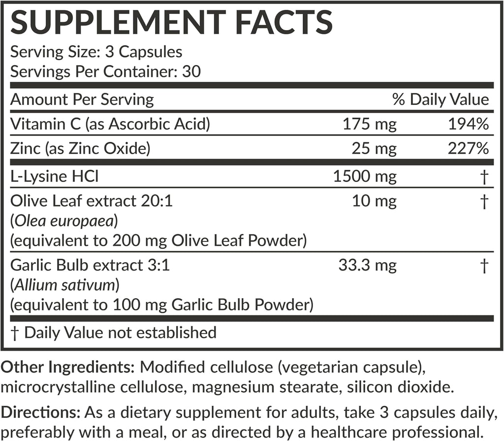Futurebiotics L-Lysine Defense Immune Support Complex 1500 MG Per Serving with Vitamin C, Zinc, Olive Leaf & Garlic - Non-GMO, 90 Vegetarian Capsules