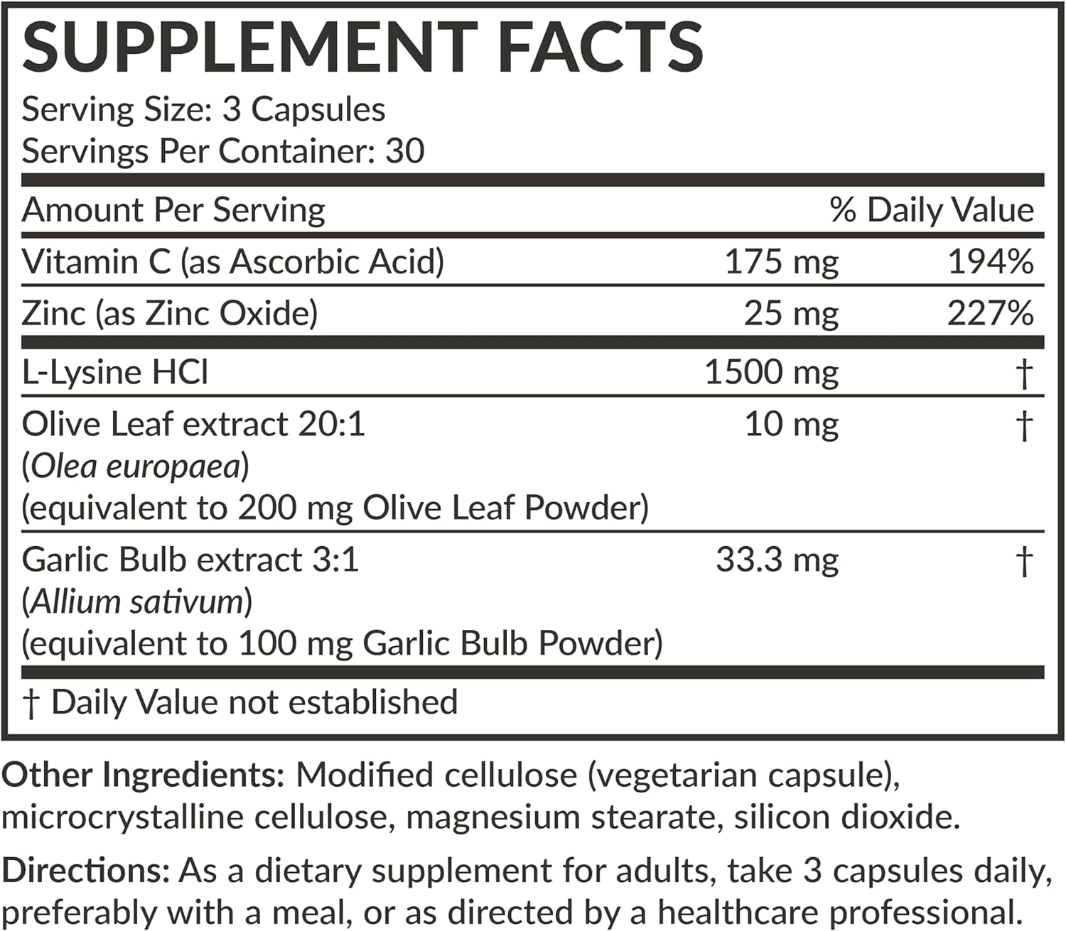 Futurebiotics L-Lysine Defense Immune Support Complex 1500 MG Per Serving with Vitamin C, Zinc, Olive Leaf & Garlic - Non-GMO, 90 Vegetarian Capsules