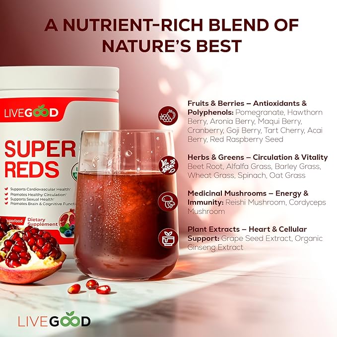 LiveGood Super Reds Organic Superfood Powder with Beetroot and Organic Pomegranate Powder, Antioxidant Fruit Blend and Red Beets Supplements for Daily Energy (30 Servings)