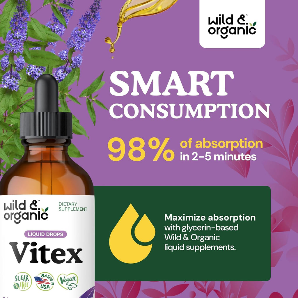 Wild & Organic Vitex Tincture - Vitex Chasteberry Supplement for Women - Liquid Chaste Tree Berry Extract for Good Mood - Vegan, Sugar & Alcohol-Free Herb Drops - 4 fl oz