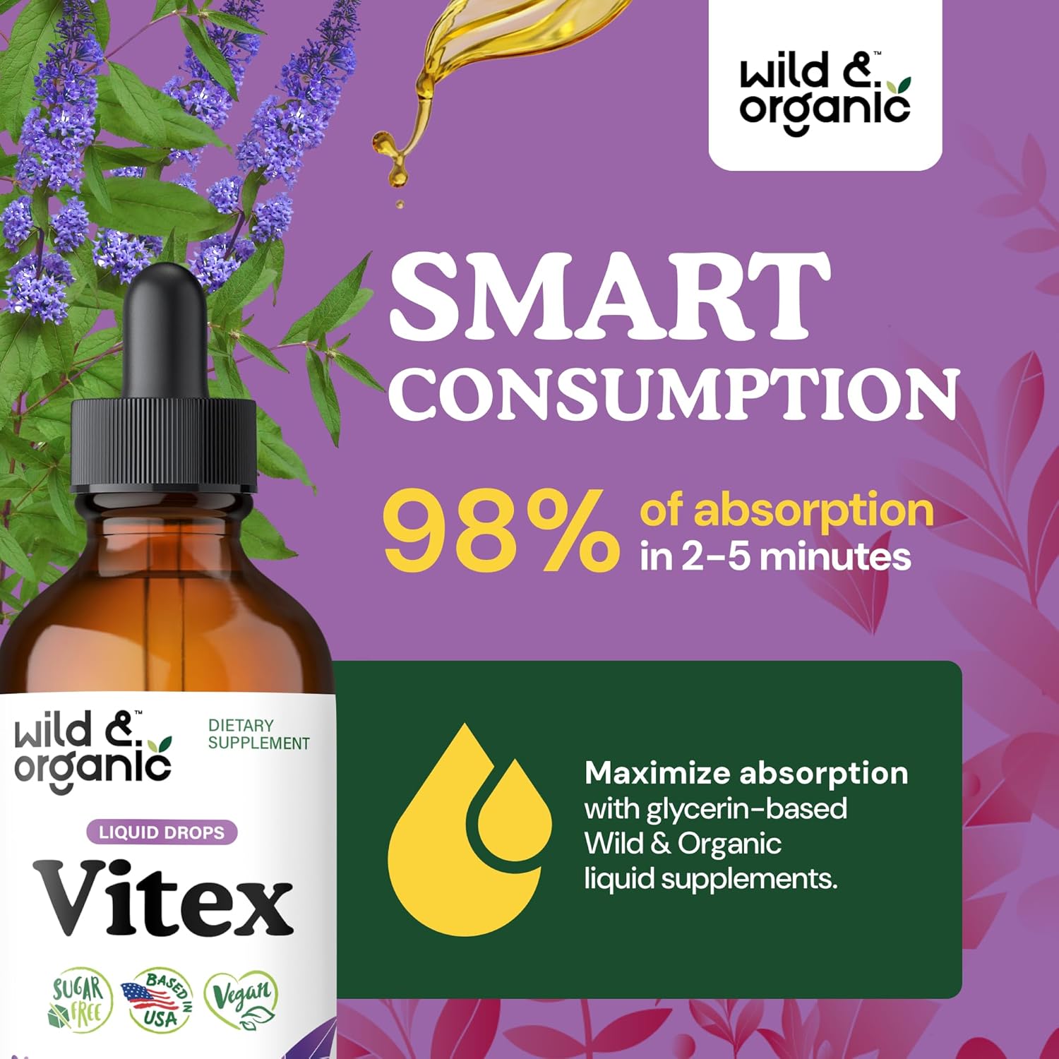 Wild & Organic Vitex Tincture - Vitex Chasteberry Supplement for Women - Liquid Chaste Tree Berry Extract for Good Mood - Vegan, Sugar & Alcohol-Free Herb Drops - 4 fl oz