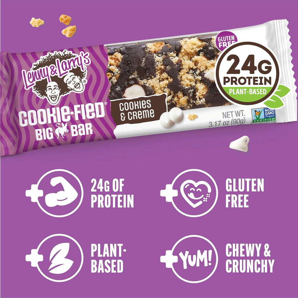 Lenny & Larry's Cookie-fied BIG BAR – Cookies and Creme Vegan Protein Bars 12x90g – Healthy Snacks, 24g Plant Protein & 10g Prebiotic Fiber – Gluten free Power Bar, Keto Friendly & Vegan