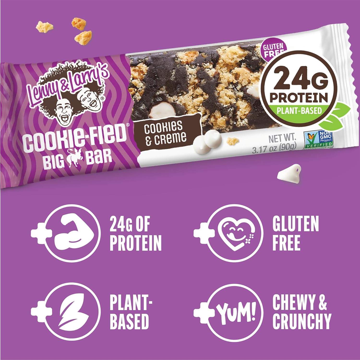 Lenny & Larry's Cookie-fied BIG BAR – Cookies and Creme Vegan Protein Bars 4x90g – Healthy Snacks, 24g Plant Protein & 10g Prebiotic Fiber – Gluten free Power Bar, Vegan
