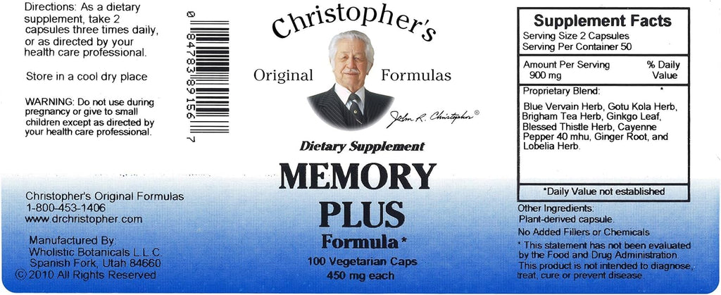Christopher's Original Formulas Memory Plus Herbal Blend - Brain Supplements for Memory & Focus - Supports Cognitive Function, Energy, & Alertness
