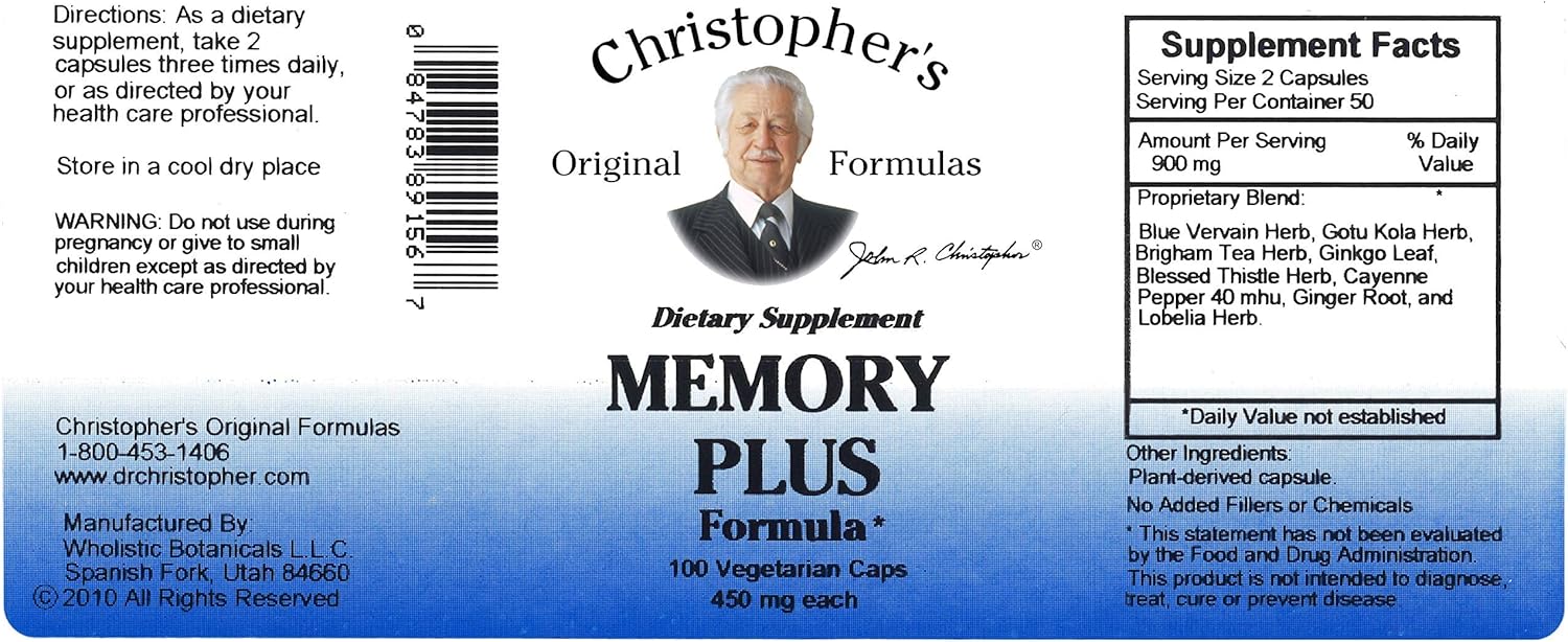 Christopher's Original Formulas Memory Plus Herbal Blend - Brain Supplements for Memory & Focus - Supports Cognitive Function, Energy, & Alertness