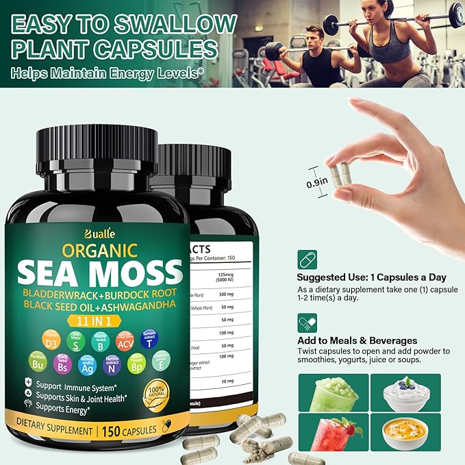 Bualle Irish Sea Moss Capsules – Organic Sea Moss, Black Seed Oil, Ashwagandha Supplements with Bladderwrack, Ginger & Burdock Root – Supports Daily Wellness, Skin & Energy – 150 Capsules (1 Pack)