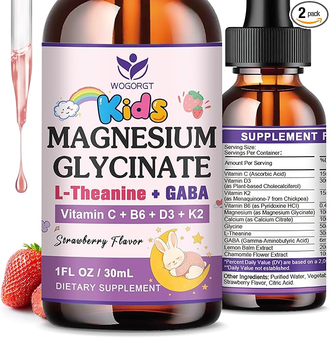 Magnesium Glycinate Drops for Kids - Relaxation & Cognition Support - 200mg Liquid Magnesium Glycinate Supplement with L-Theanine, GABA, B6, D3, K2 - Sugar Free, Strawberry Flavor - 1 Fl Oz (2 Pack)