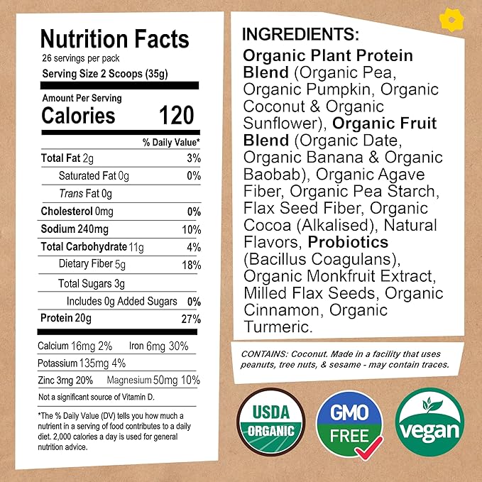 EarthChimp Organic Vegan Protein Powder - with Probiotics - Non GMO, Dairy Free, Non Whey, Plant Based Protein Powder for Women and Men, Gluten Free - 26 Servings 32 Oz (Vanilla) No Scoop