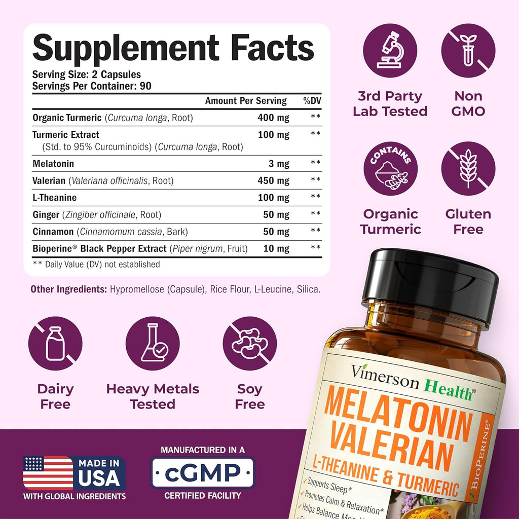 Melatonin Sleep Aid with L Theanine & Valerian Root – Turmeric Supplement – Turmeric Curcumin with Ginger & Black Pepper – L-Theanine & Melatonin 3mg for Sleep, Calm and Stress Relief – 180 Capsules