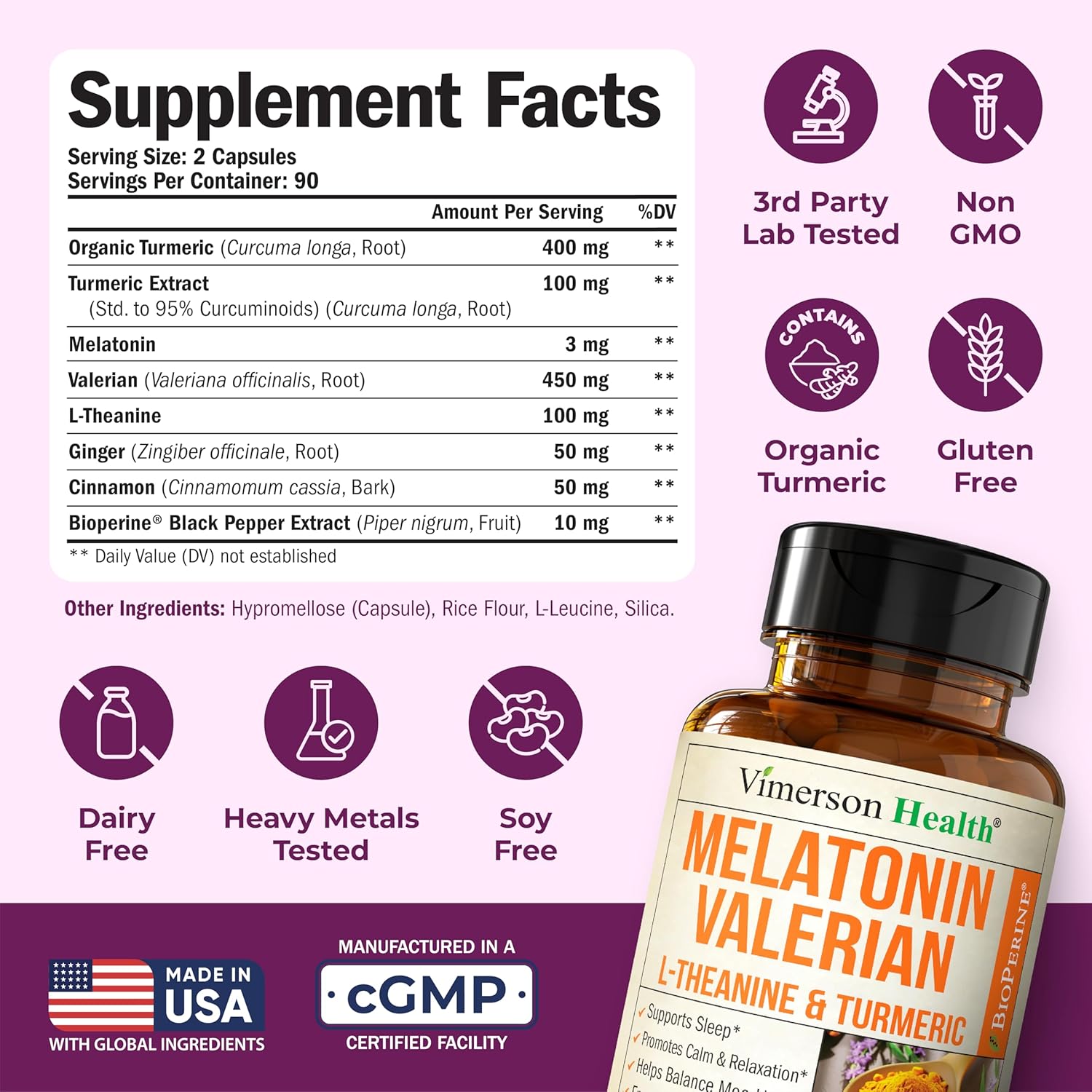 Melatonin Sleep Aid with L Theanine & Valerian Root – Turmeric Supplement – Turmeric Curcumin with Ginger & Black Pepper – L-Theanine & Melatonin 3mg for Sleep, Calm and Stress Relief – 180 Capsules
