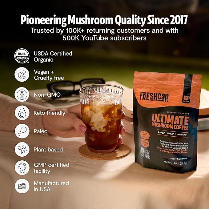Mushroom Coffee 12,000 mg – Organic Instant Coffee with 6 Adaptogenic Mushrooms & 29% Beta-Glucans – Nootropic for Clean Energy, Focus, No Jitters, Gut Health & Immune Support (15 Servings)