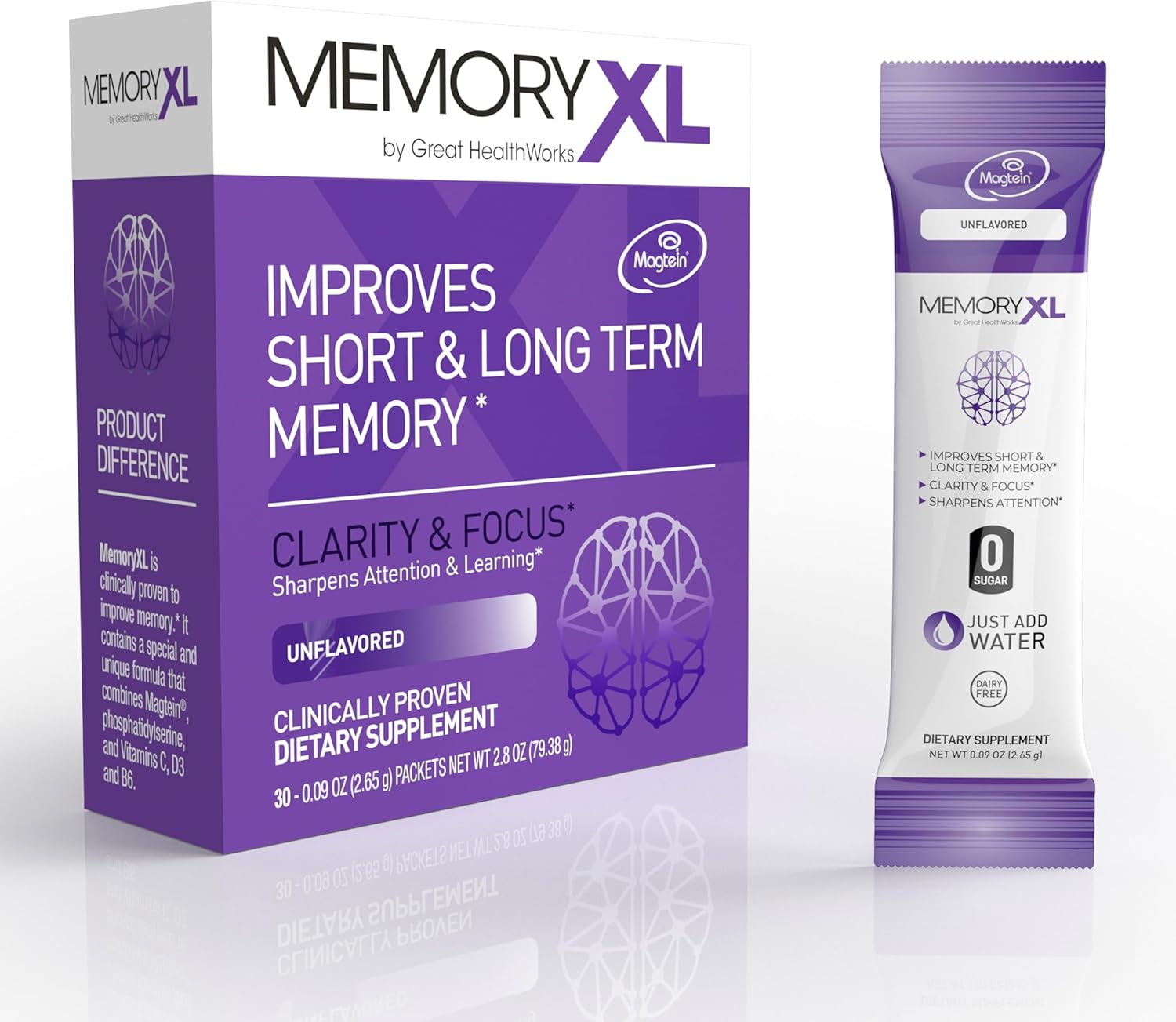 MemoryXL, Magnesium L-Threonate: Brain Supplement for Memory & Focus; Magtein®, Phosphatidylserine, Vitamin Mix. Improves Memory Focus Attention Learning & Logic. 0 Sugar, 0 Cal, 30pk Unflavored
