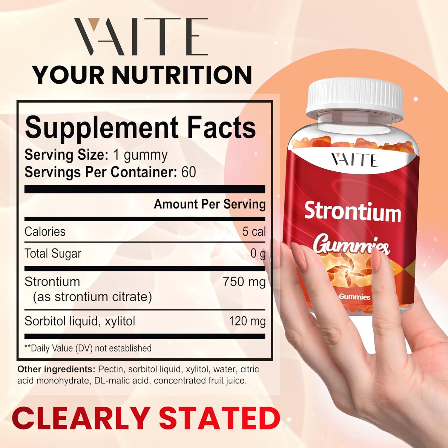 Strontium Citrate 750mg Supplement – Enhances Bone Density, Strength, and Health for Men and Women, 60 Vegan, Non-GMO, Sugar-Free Gummies Provide an Easy Way to Promote Long-Term Bone Wellness