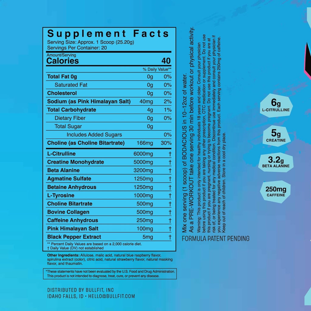 BULLFIT Pre Workout Powder, Support for Men & Women, L Citrulline, Creatine, Beta Alanine & Electrolytes, Powdered Drink Mix with No Sucralose & Zero Sugar, 20 Srvgs (20 SRV, Blue Raspberry)