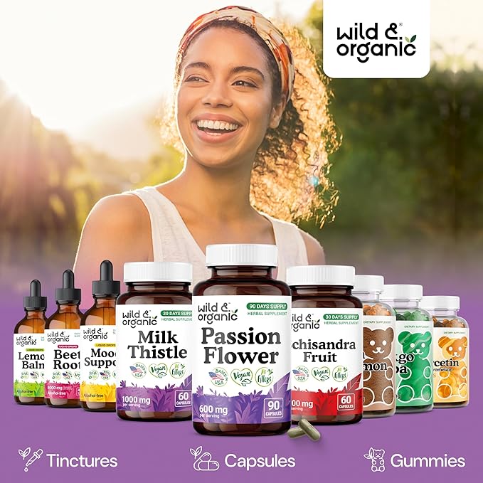 Wild & Organic Passion Flower Capsules 600 mg - Calming & Mood Support - Passionflower Extract Supplement - Passiflora Incarnata Herb - Vegan, No Fillers, Non-GMO - 90 Count