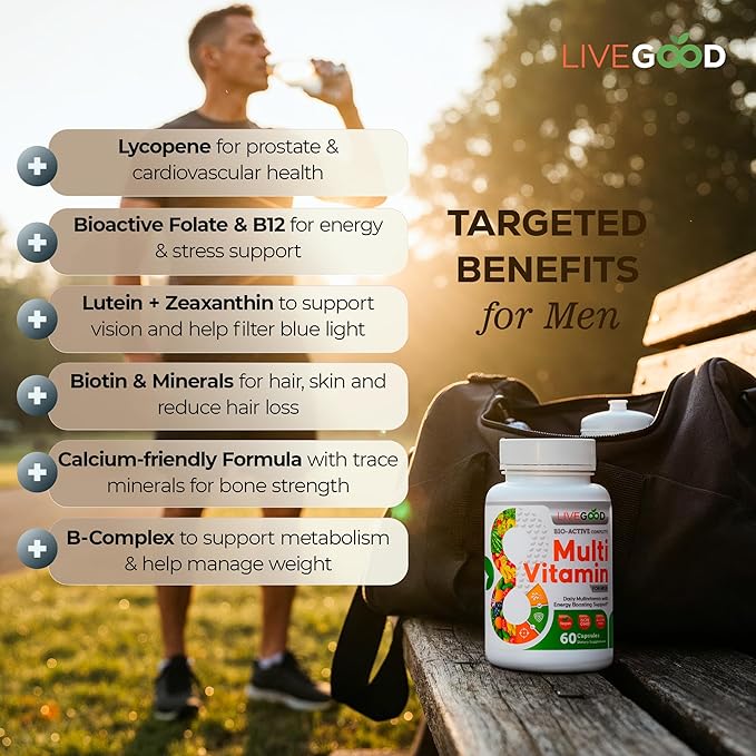LiveGood Bio-Active Complete Multivitamin for Men, Daily Men’s Multi with 24 Essential Vitamins and Minerals for Energy, Immunity, Heart and Bone Support, Complete Men’s Formula (60 Capsules)