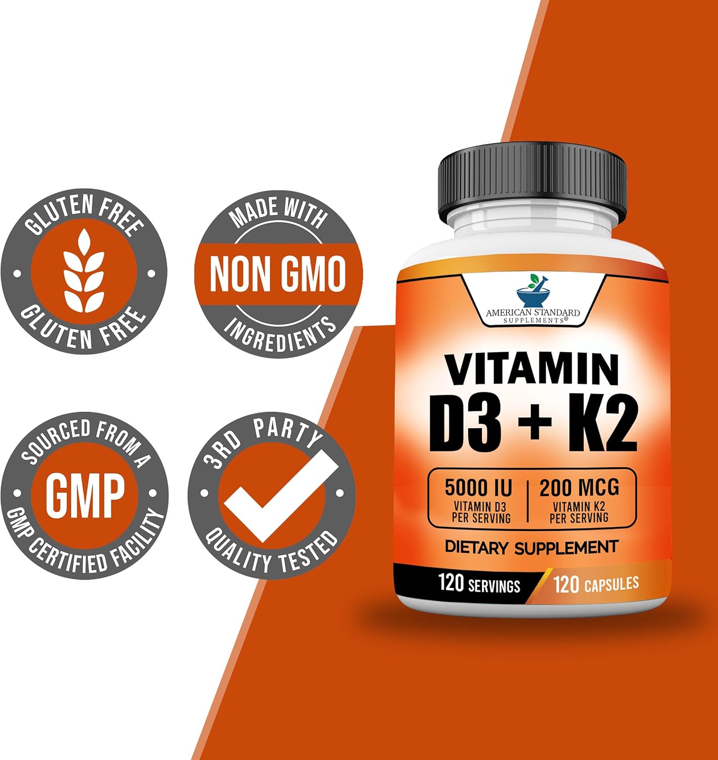 American Standard Supplements Vitamin D3 5000 IU (125mcg) Plus Vitamin K2 (MK7) 200mcg Per Capsule - Gluten Free, Non-GMO, 120 Capsules, 120 Servings, 120 Day Supply
