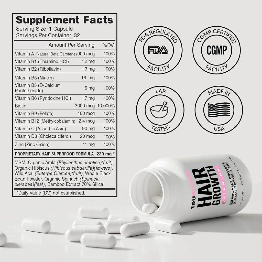 Tru Bloom Hair Growth Vitamins - 1 Month Supply. Clinically Proven to Grow Fuller, Thicker Hair. Natural & Drug-Free with Biotin, MSM, Zinc, D3 + Hair Superfoods. Non GMO