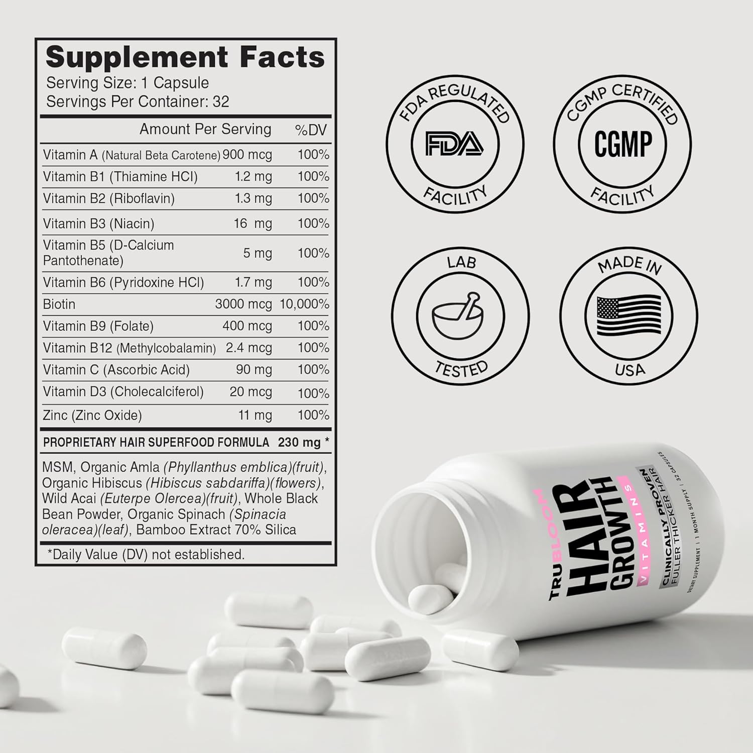 Tru Bloom Hair Growth Vitamins - 1 Month Supply. Clinically Proven to Grow Fuller, Thicker Hair. Natural & Drug-Free with Biotin, MSM, Zinc, D3 + Hair Superfoods. Non GMO