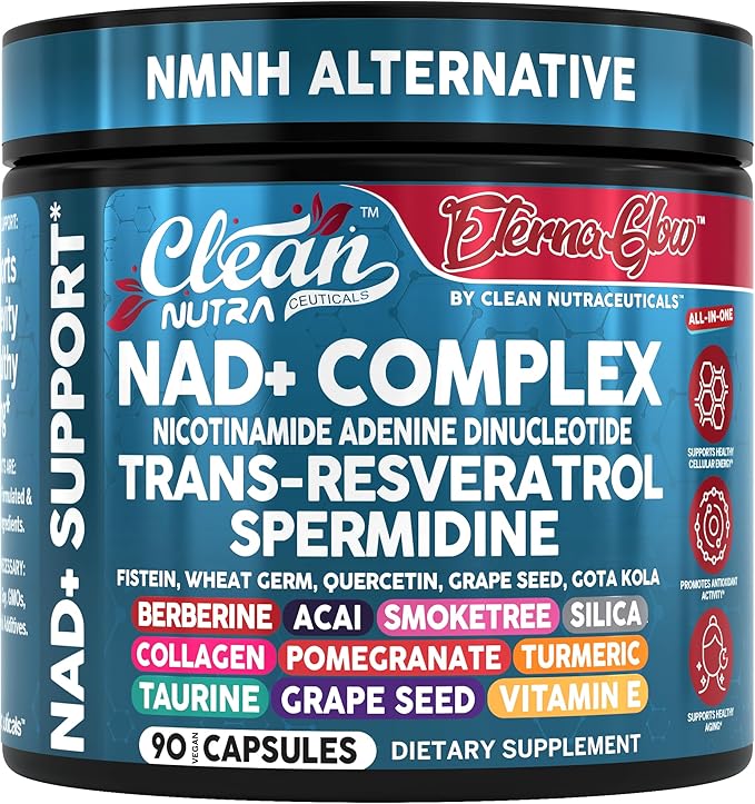 Clean NAD Supplement Resveratrol Liposomal NAD+ Spermidine Fisetin Wheat Germ Quercetin Grape Seed Extract Gotu Kola Berberine Astaxanthin Peptides for Women Energy 90 Capsules