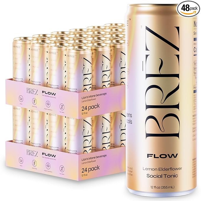 BRĒZ FLOW Lion’s Mane Mushroom Drink 48 Pack, Lemon Elderflower, Supports Mood & Focus, Non-Alcoholic Sparkling Adaptogen Drink, Functional Mushrooms, Feel Clear, Calm & Refreshed- 12 Fl oz Cans