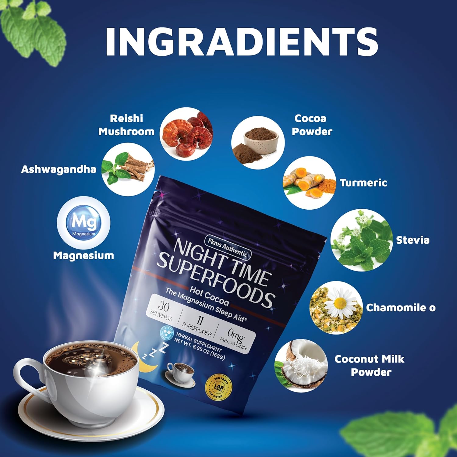 FKMS Authentic Nighttime Magnesium Hot Cocoa, Calming Melatonin-Free Sleep Support, Natural Sleep Aid Drink Mix for men & Woman - Hot Chocolate Powder with L-Theanine, Chamomile and Zinc, Magnesium Glycinate, 5.95 oz