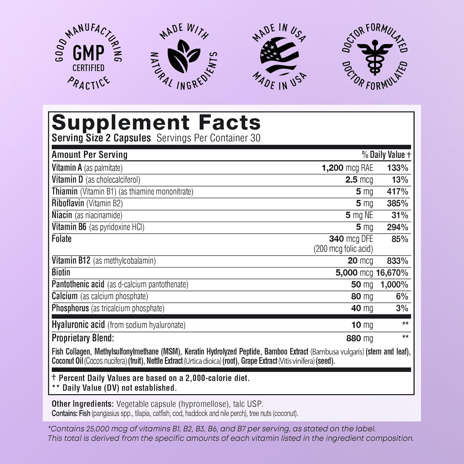 Biotin and Collagen Supplements with Keratin 25000 mcg - Hair Skin & Nails Vitamins with Collagen Keratin B Complex - Made in USA - Biotin for Hair Growth Women & Men Support Skin & Nails, 60 Capsules