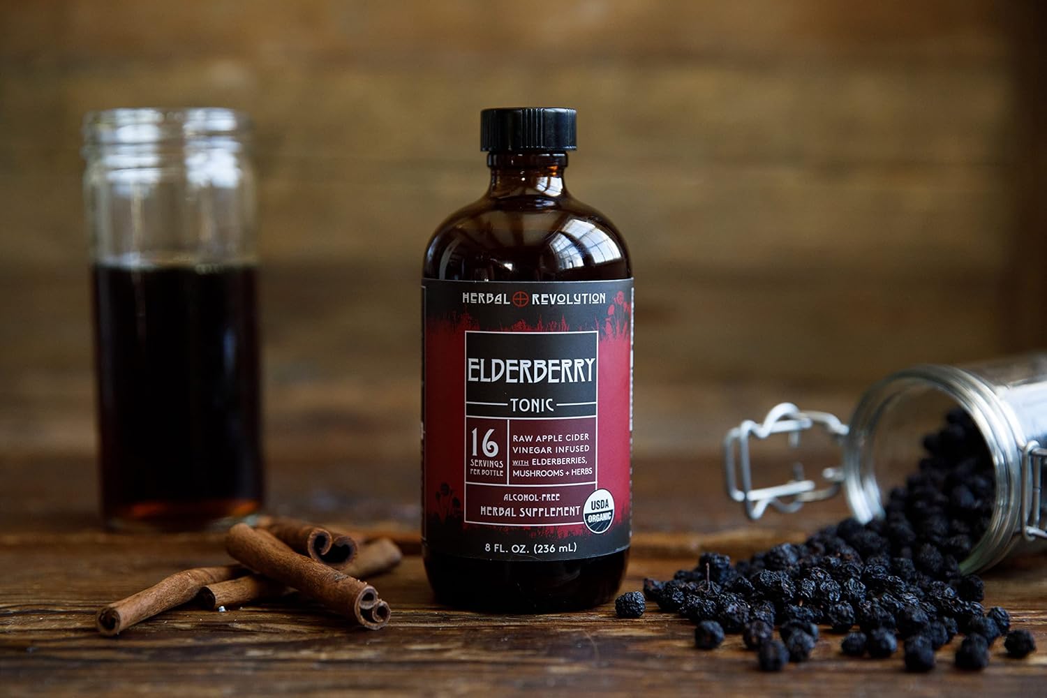 Herbal Revolution Elderberry Tonic - Certified Organic Non-GMO Apple Cider Vinegar Infused with Cinnamon Bark, Raw Honey, Ginger & More - Made Using Regenerative Farming Practices - 8 Oz