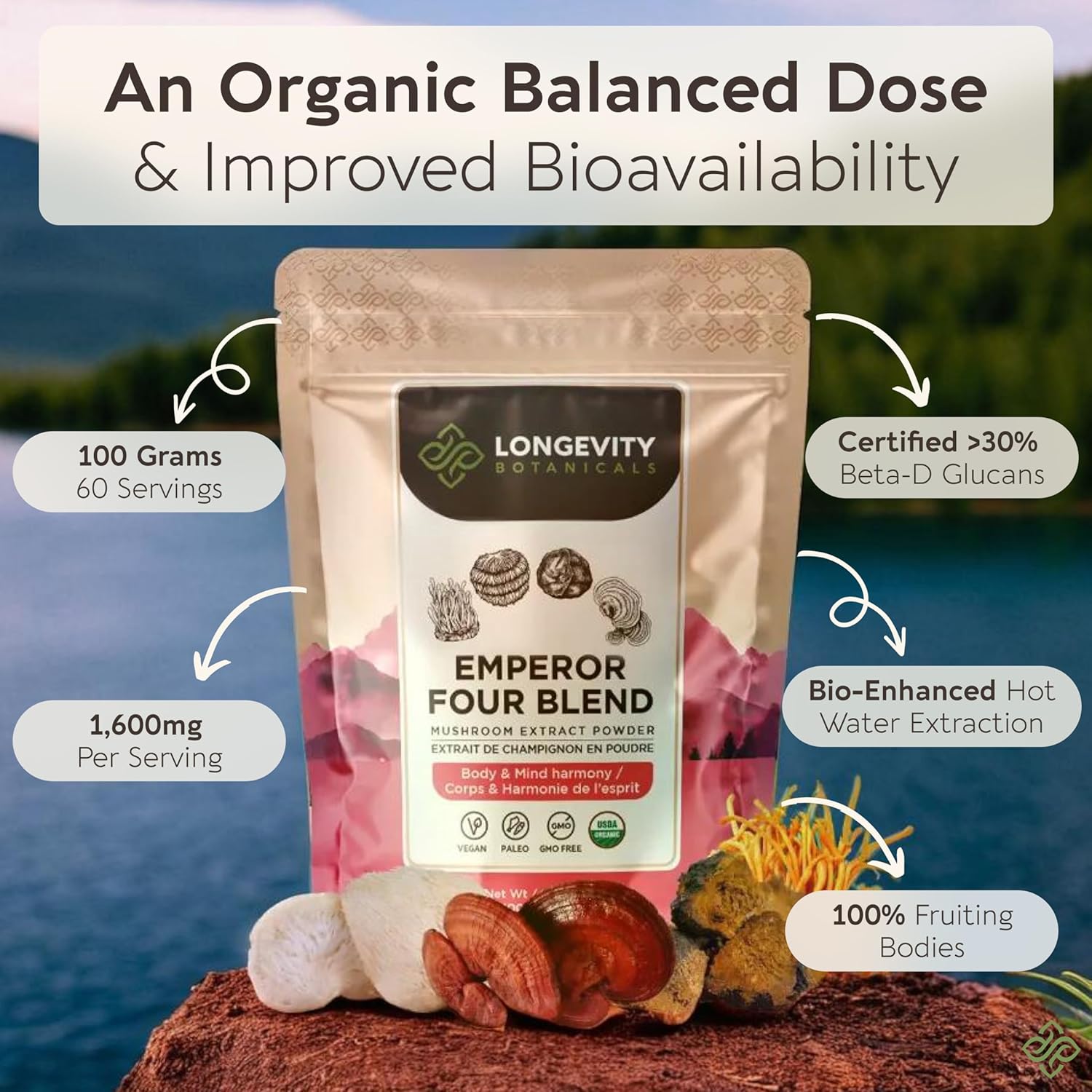 Organic Emperor 4 Powder Mushroom Blend Supplement 100g | Fruiting Body Extract Complex | With Lions Mane, Cordyceps, Chaga & Reishi | 20% Beta-D Glucans | Cognition, Immunity & Energy Support