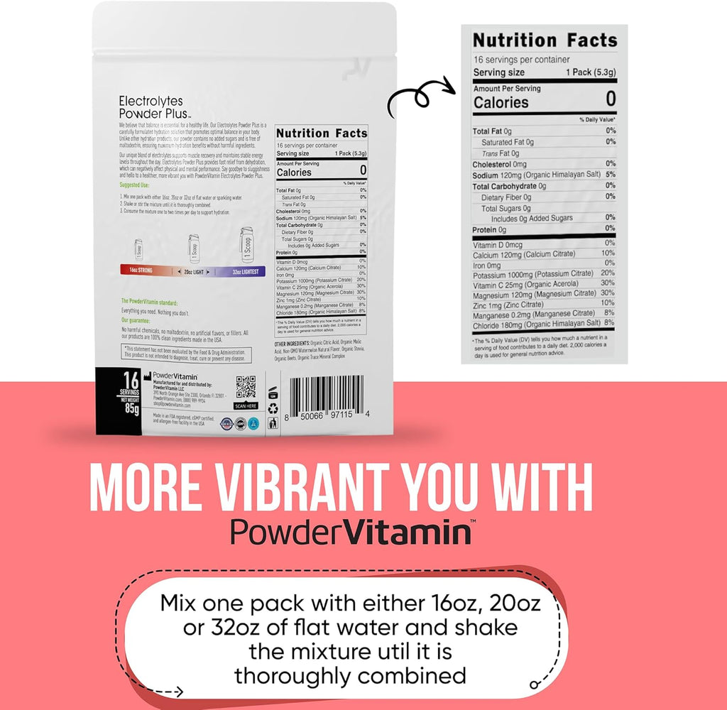 PowderVitamin Electrolytes Powder Plus, Keto, Watermelon, Sugar Free, Pink Himalayan Salt, 1000mg Potassium, 120mg Calcium, 120mg Magnesium, Non-GMO, Zero Calories, (16 Hydration Packets)