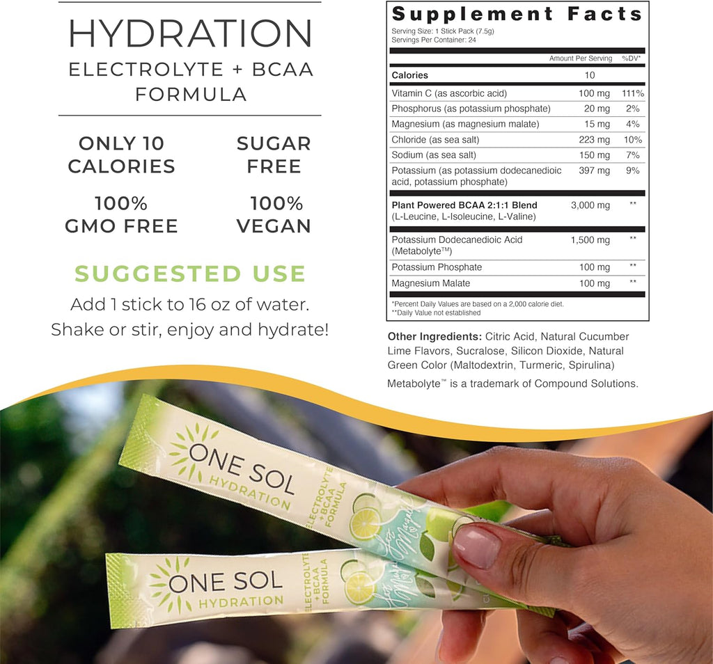 One Sol Hydration - Cucumber Lime - 24x On The Go Stick Packs - Electrolyte Powder Drink Mix - Energy Boost & Burn - Third Party Tested
