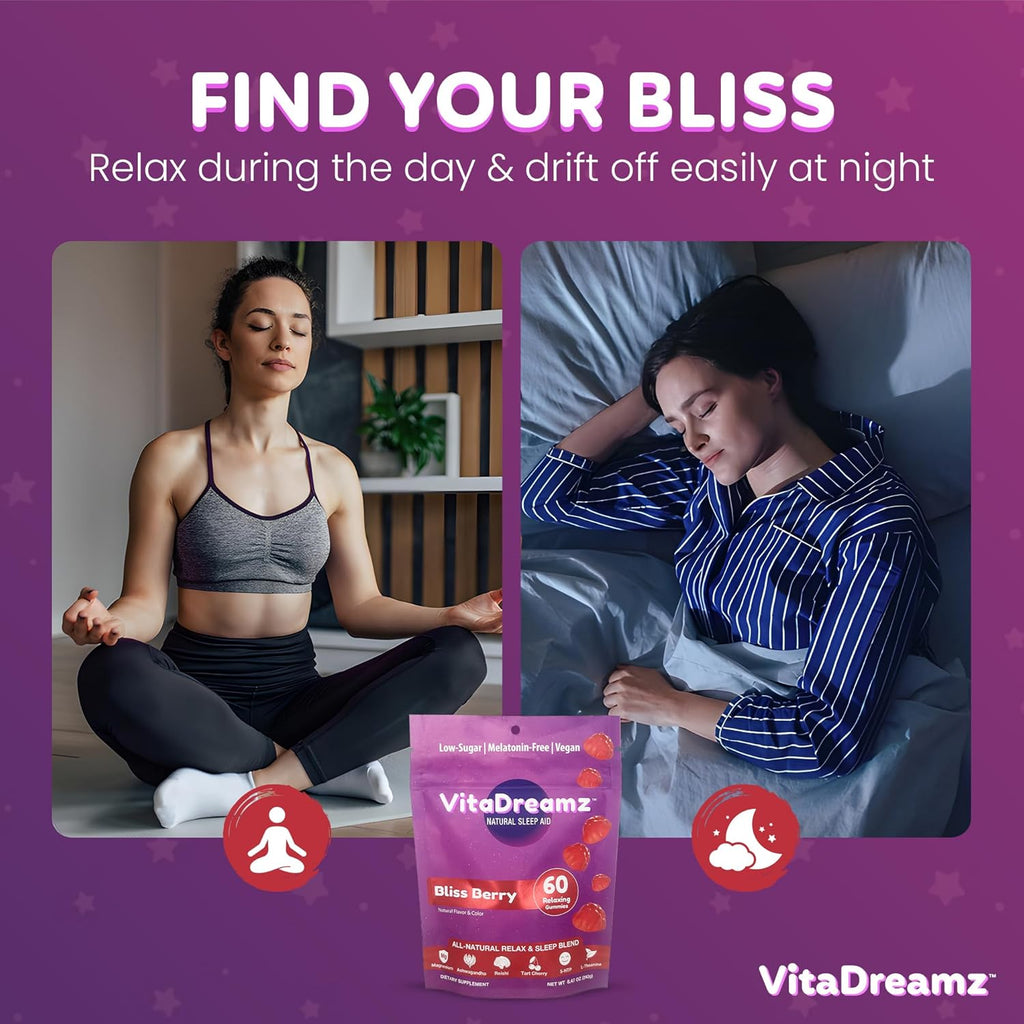 Bliss Berry Magnesium Relax & Sleep Gummies with Ashwagandha, Reishi, Tart Cherry, 5-HTP, L-Theanine | No Melatonin | Low-Sugar, Vegan, Non GMO, Berry Flavored