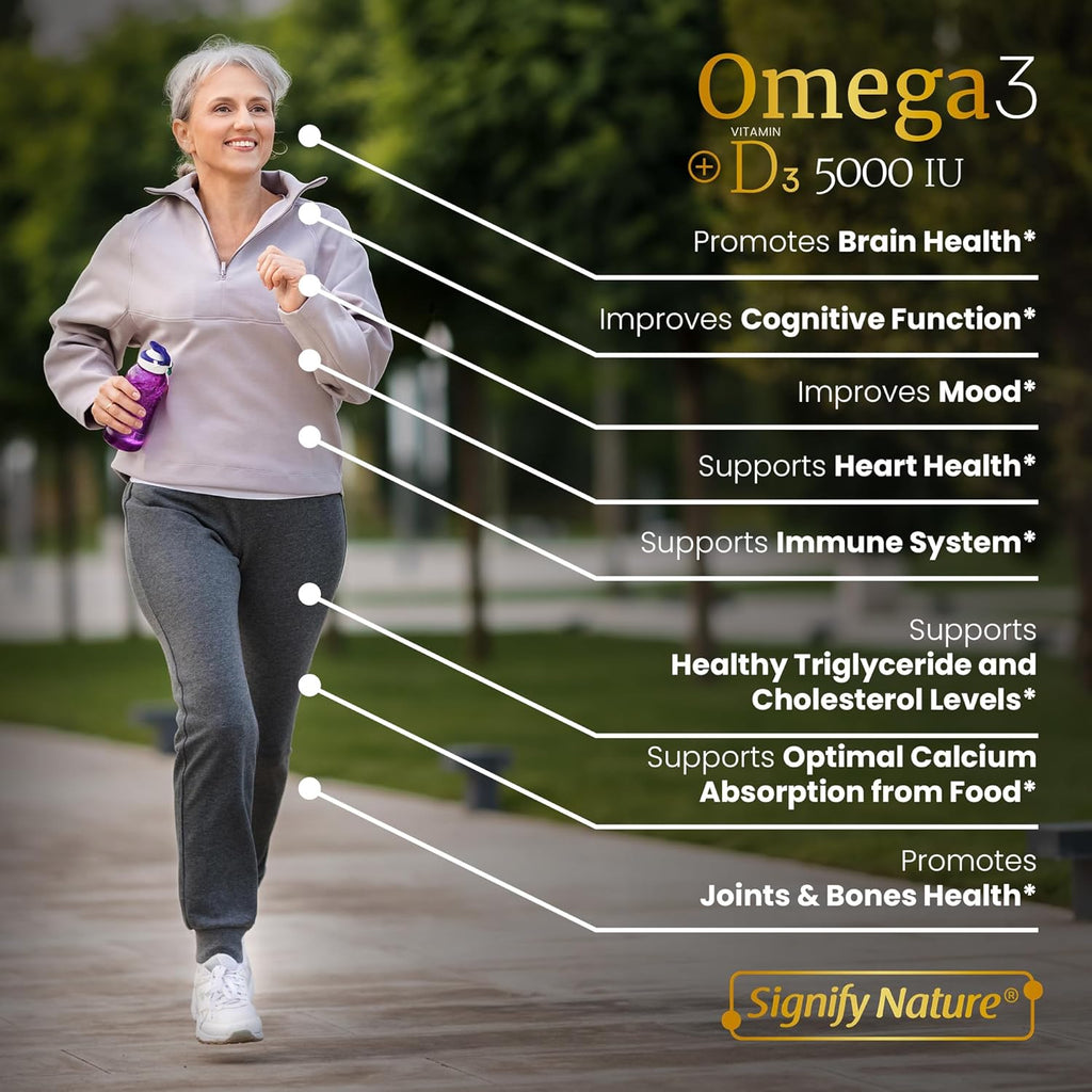 SIGNIFY NATURE Omega 3 Fish Oil Supplement with Vitamin D3 5000 IU - 1000mg Triglyceride Capsules for Brain Health - Omega3 EPA DHA + VIT D 3-90CT
