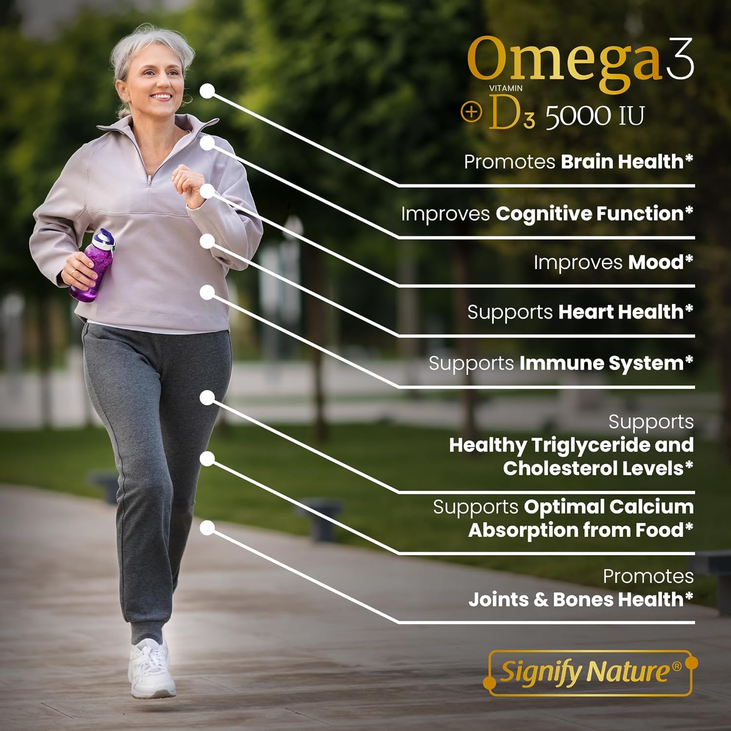SIGNIFY NATURE Omega 3 Fish Oil Supplement with Vitamin D3 5000 IU - 1000mg Triglyceride Capsules for Brain Health - Omega3 EPA DHA + VIT D 3-90CT