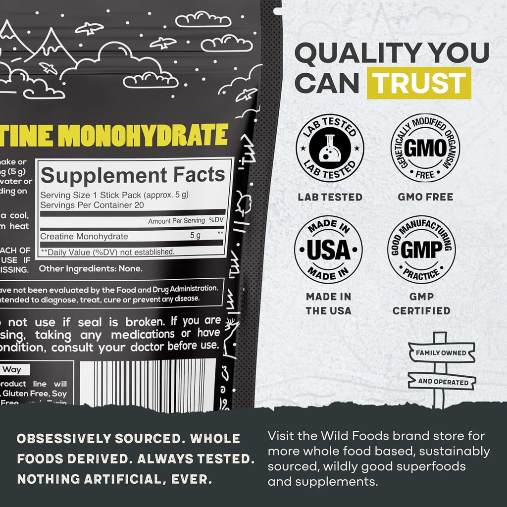 Wild Foods 100% Creatine Monohydrate Powder Packets - 20 Packets - for Brain, Muscle Performance & Strength – Pure Creatine for Men & Women, USA Made– 5g Creatina Per Serving